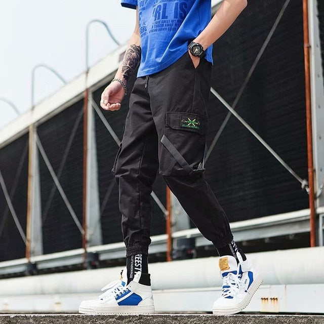 Streetwear Ribbons Casual Pants Men Black Slim Mens Joggers Pants Side-pockets Cotton Camouflage Man Trousers